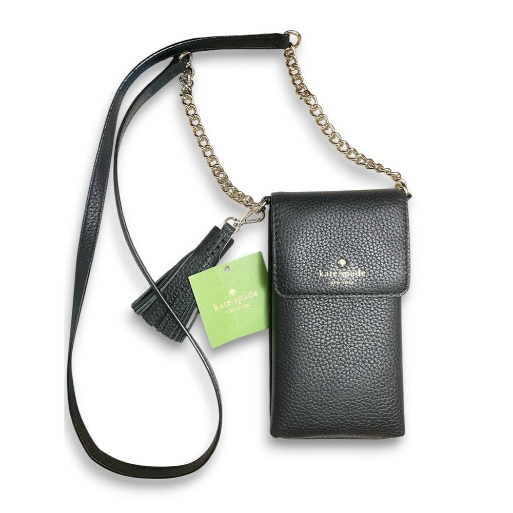 NWT Kate Spade North South Pebbled Leather Phone Crossbody Black Tassel Travel
